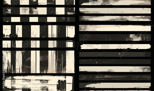 Conjunto de elementos gráficos vetoriais com texturas e bordas desgastadas para design vintage e retrô.