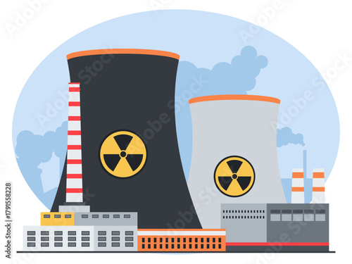 Industrial factories nuclear power plant. Industry vector illustration. Flat illustration concept.