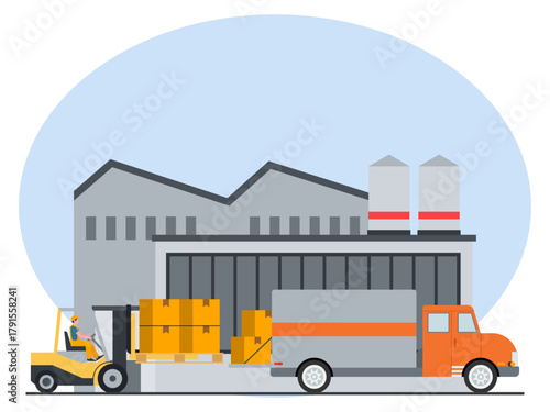Warehouse workers load goods onto delivery trucks. Industry vector illustration. Flat illustration concept.