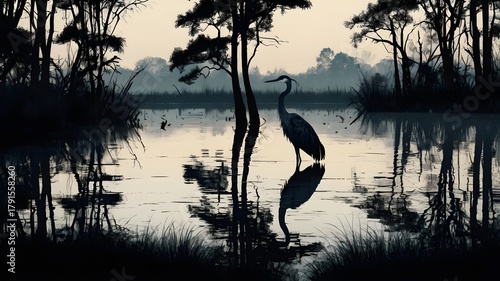 Serene Heron Standing in Calm Wetland with Silhouetted Trees at Sunset