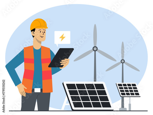 Male workers are carrying out maintenance on solar energy installations, panels and wind turbines. Industry vector illustration. Flat illustration concept.