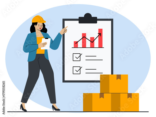 Woman manager analyzes logistics data of her company using chart. Industry vector illustration. Flat illustration concept.