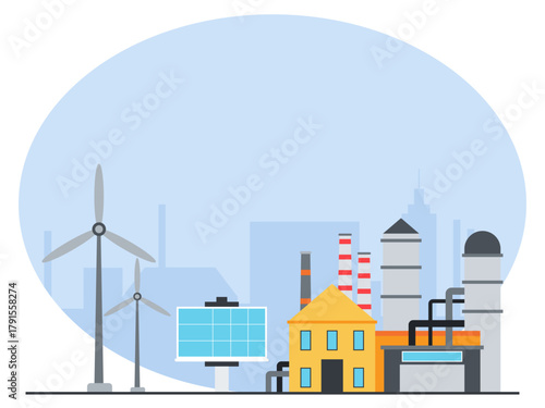 Power generation energy building with solar panels and windmills. Industry vector illustration. Flat illustration concept.