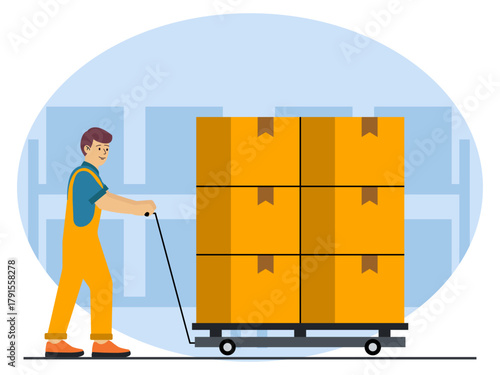 Worker loading goods into warehouse cargo. Industry vector illustration. Flat illustration concept.