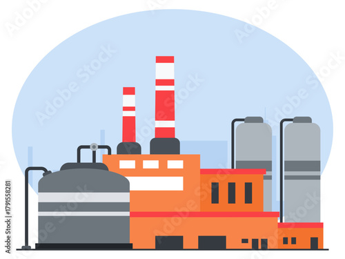 Modern manufacturing facility, power generation factory area with warehouses and companies. Industry vector illustration. Flat illustration concept.