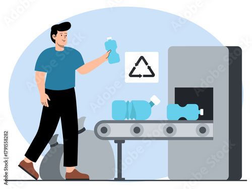 People put plastic waste into the recycling sorting area. Industry vector illustration. Flat illustration concept.