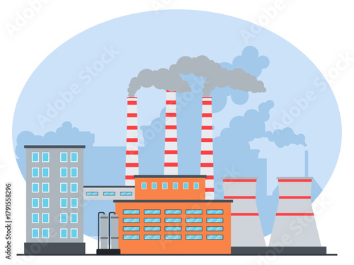 Factories with air-polluting pipes and cooling towers. Industry vector illustration. Flat illustration concept.