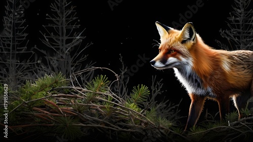 Lively Fox Standing on Forest Ground at Night in Dark Environment