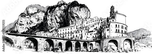 Vetor de uma cidade antiga construída em encostas rochosas com uma ponte de arcos