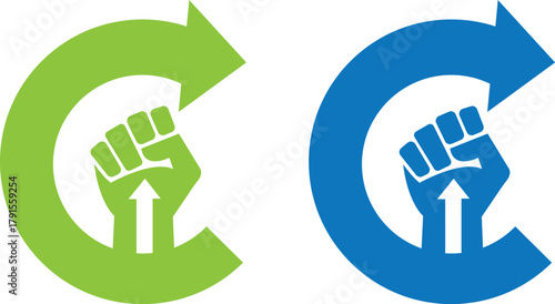 Circle Arrow Fist Logo Design Hand up arrow icon Revolution Power Vector Template