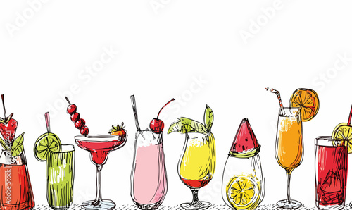 Ilustração vetorial de uma variedade de coquetéis coloridos e refrescantes em copos decorados, ideal para festas