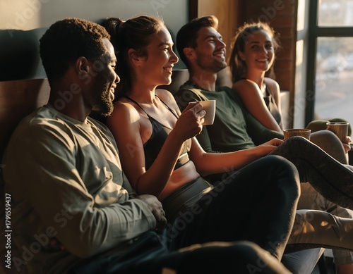Fit friends relax and chat after invigorating workout with coffee in sun-drenched lounge, perfect for health, friendship and wellness campaigns