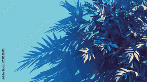 Vetor de sombras de plantas tropicais projetadas em parede azul clara, com luz solar forte.
