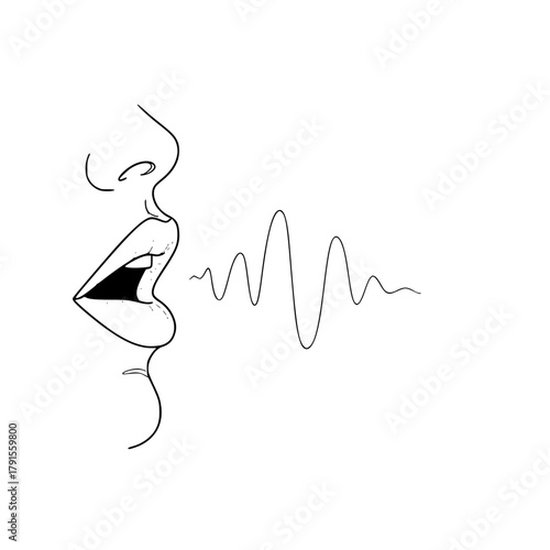Black and White Line Art of Mouth Releasing Soundwaves – Concept of Unspoken Thoughts and Freedom of Speech