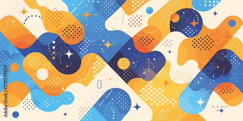 Abstrato vetor com formas orgânicas fluidas em tons de azul, laranja e bege, padrão moderno.