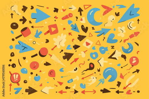 Vetor de elementos gráficos abstratos e divertidos com setas, luas e formas geométricas em fundo amarelo