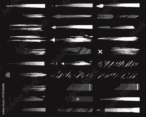 Coleção de pinceladas de vetor em tons de cinza e branco, elementos de design abstratos e texturas para criação artística.