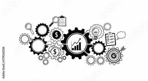 Business gears with growth chart and financial symbols.