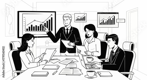 Business meeting with diverse team analyzing financial data and growth charts.