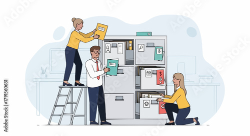 Team of office workers organizing documents in a filing cabinet.