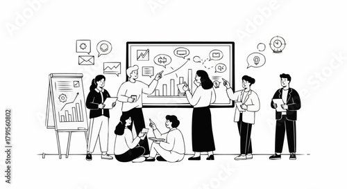 Team collaborating on a business strategy presentation with charts and graphs.