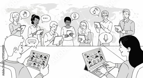 Virtual meeting with diverse participants using digital devices.