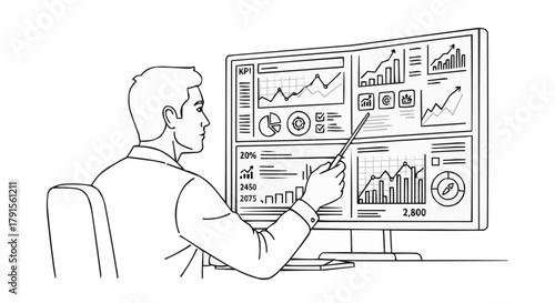 Analyst pointing at financial data on a computer screen, business analysis concept.