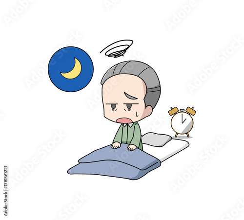 夜中に目が覚める高齢男性のイラスト