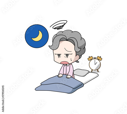 夜中に目が覚める高齢女性のイラスト