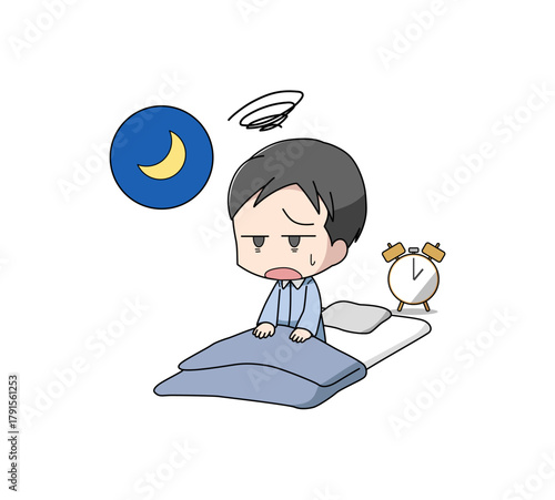 夜中に目が覚める男性のイラスト