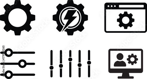 Power gear and interface icons for system energy and configuration management. Sliders and web screens symbolizing control, energy, and technology systems.