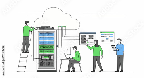 Cloud Computing Team Working on Server Infrastructure.