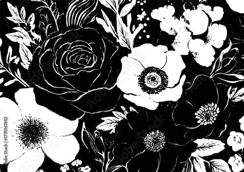 Padrão floral preto e branco com rosas, anêmonas e folhas, arte vetorial desenhada à mão para design.