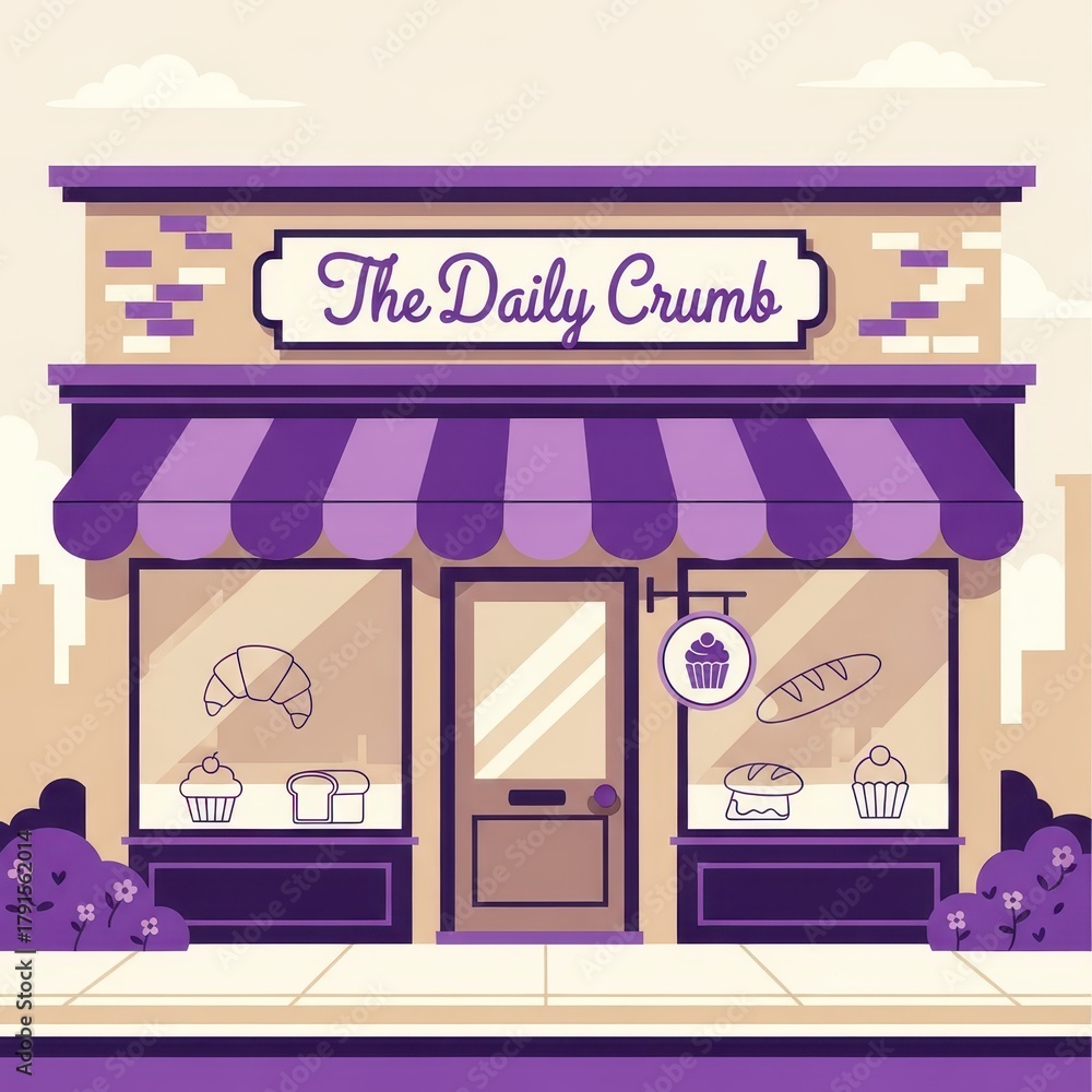 Fototapeta premium Charming storefront displays baked goods in a stylized illustration with purple accents