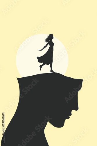 Surreal illustration of a woman gracefully walking atop a giant head silhouette, symbolizing inner freedom, self-reflection, emotional balance, and the journey through the subconscious mind.