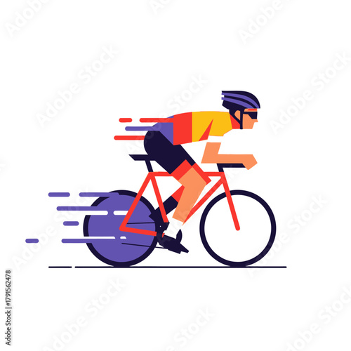 Flat illustration of cyclist in motion blur effect, side view, bold minimal shapes, isolated on light background