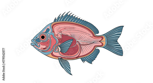 Scientific diagram showing the intricate internal anatomy of a typical fish, including brain, gills, heart, liver, stomach, and spine.