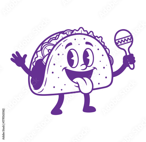 A cheerful animated taco mascot holding maraca in purple outlined vector illustration