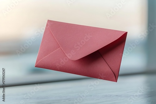 Colorful pink envelope on wooden table with blurred background and soft lighting effects
