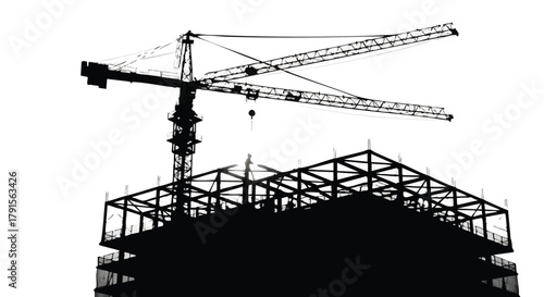 A striking silhouette of a towering construction crane overseeing the foundational steel framework of a modern building project, symbolizing urban development and progress.