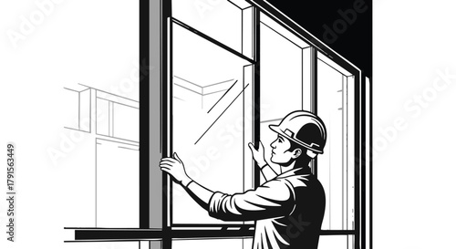 A skilled construction worker carefully installs a large glass window panel into a modern building frame, ensuring precision and safety during the assembly process.