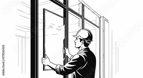 A skilled worker in a hard hat meticulously installs a large glass pane into a building's window frame, demonstrating essential construction and installation expertise.