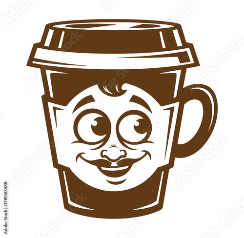 A cheerful coffee cup mascot with a mustache smiling and looking friendly and happy