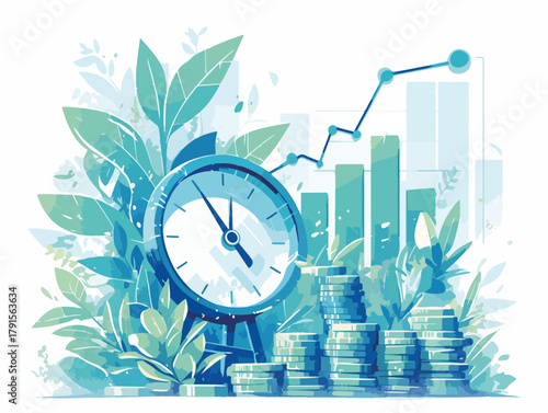 Ilustração vetorial que simboliza a gestão do tempo e o crescimento financeiro, com relógio, moedas e gráficos, representando prosperidade e sucesso empresarial.