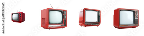 Progressive Red Retro TV Set Evolution: From Vintage Small Screen to Classic Television, Showcasing Technological Advancement and Nostalgic Design Trends, Media Evolution
