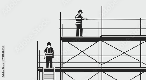 Two construction workers, wearing safety gear, diligently work on multi-level scaffolding, highlighting workplace safety, teamwork, and site tasks.