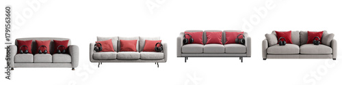 Stylish Grey Sofa with Red Pillows and Headphones, Modern Comfort for Home Decor, Interior Design Inspiration, Cozy Living Room Furniture, Relaxing at Home