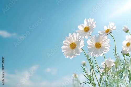 Bright White Daisies Blooming Against a Clear Blue Sky in a Serene Nature Landscape