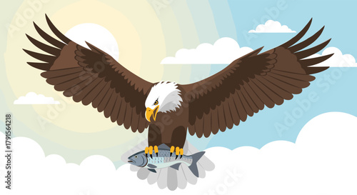 Majestic bald eagle in flight, carrying a fish through a sunny and cloudy sky, depicted in a vibrant vector illustration.