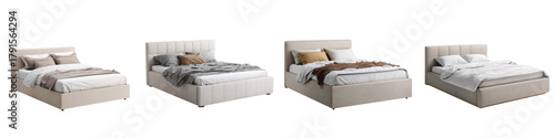 Discover stylish comfort: Four neutral-toned beds showcasing modern design for bedroom interiors, perfect for home decor inspiration and creating cozy, inviting spaces